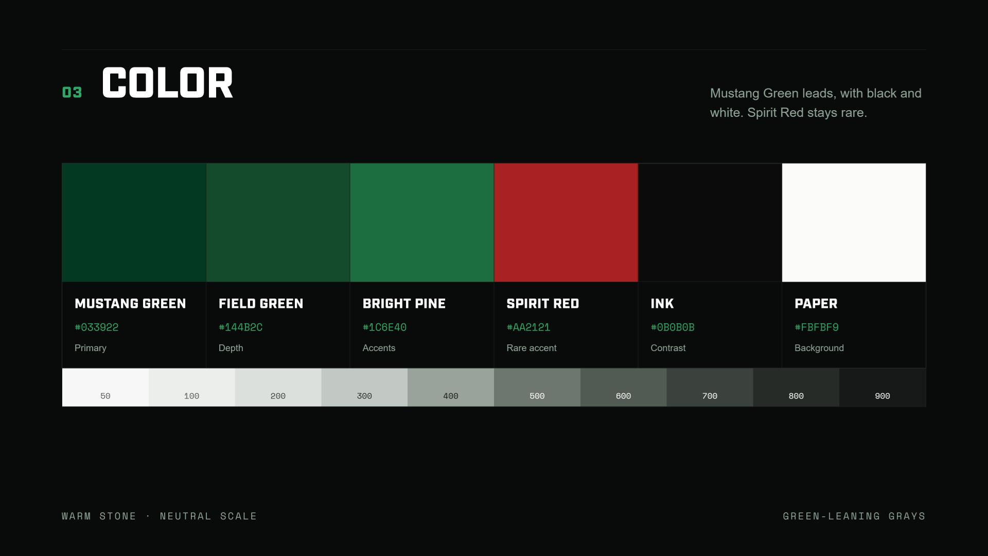 Color system — Mustang Green, Spirit Red, Ink, Paper