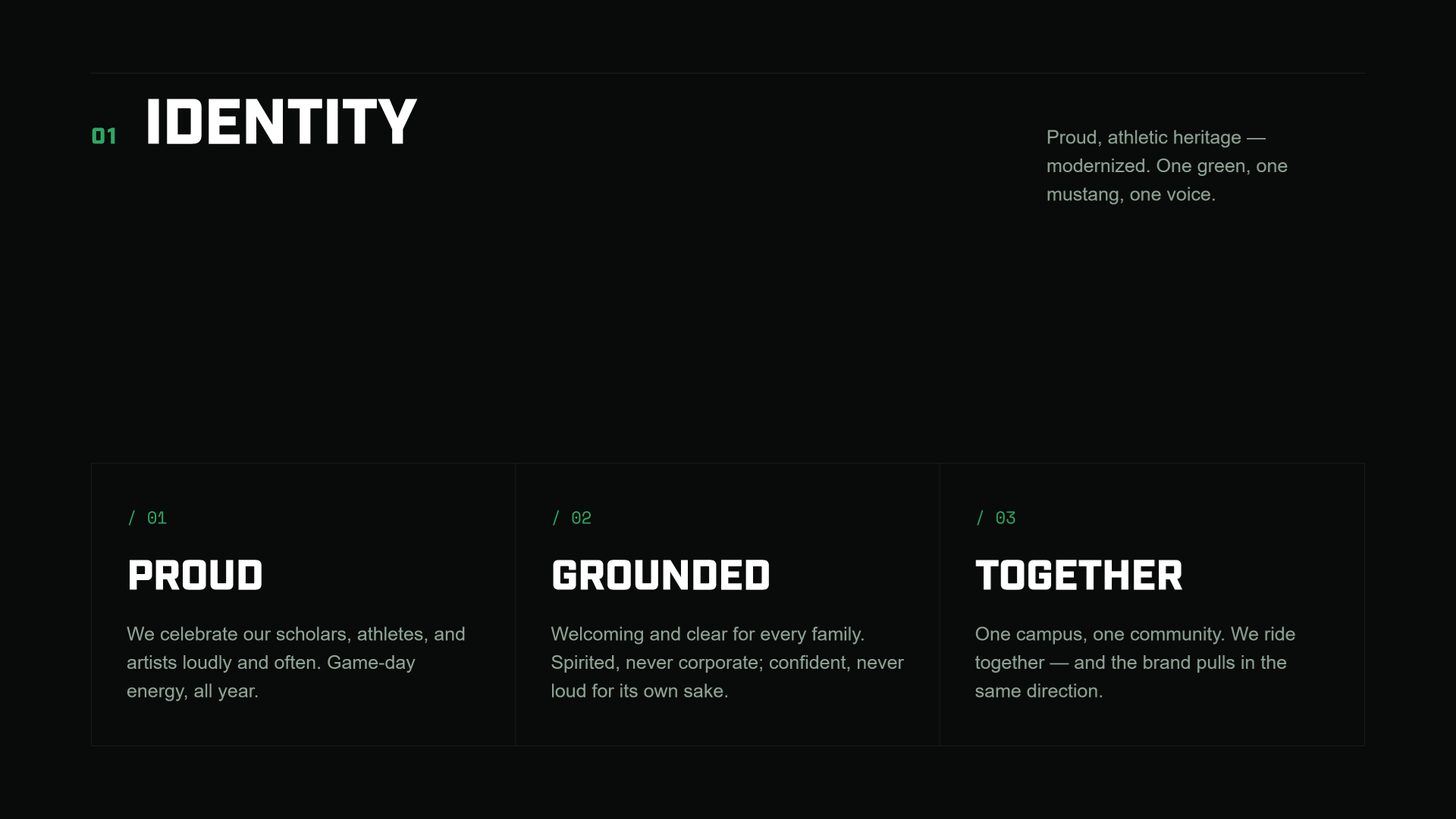 Identity pillars — Proud, Grounded, Together