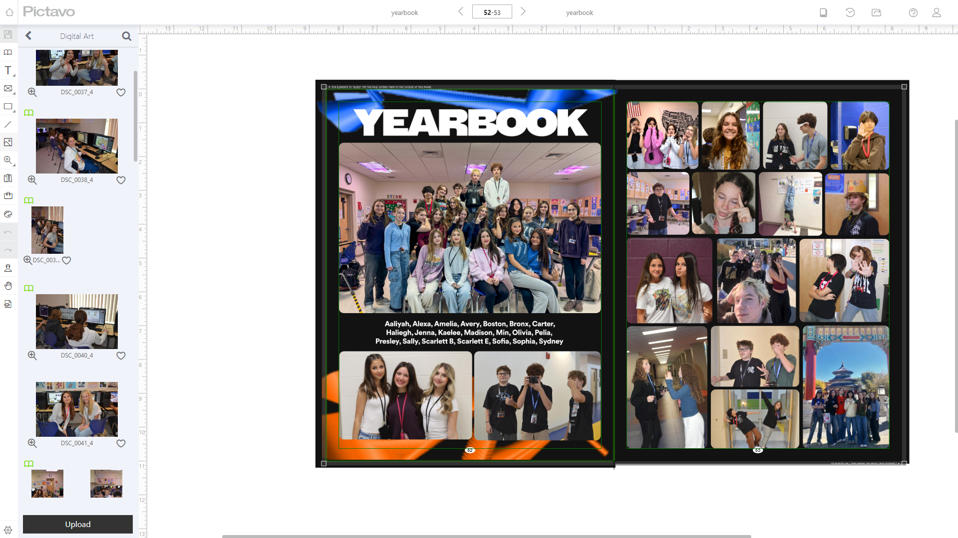 Yearbook spread system — DMJ 25-26 pages 52-53 in Pictavo